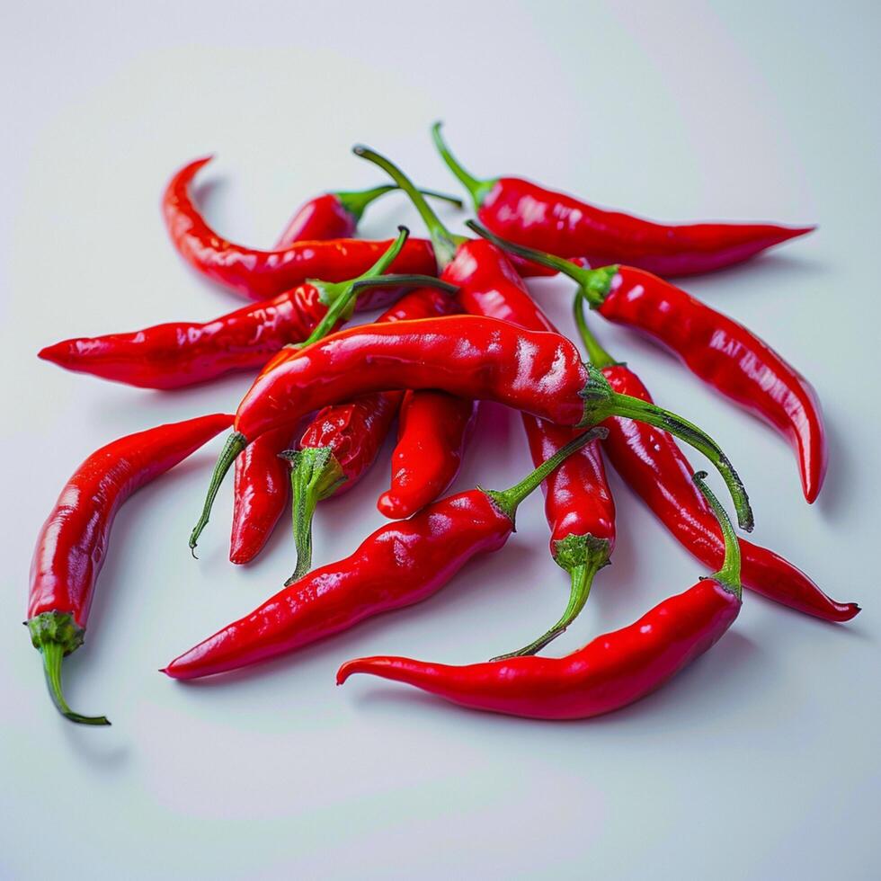 AI generated red hot chili peppers on white backdrop, vibrant and spicy Close up For Social Media Post Size photo