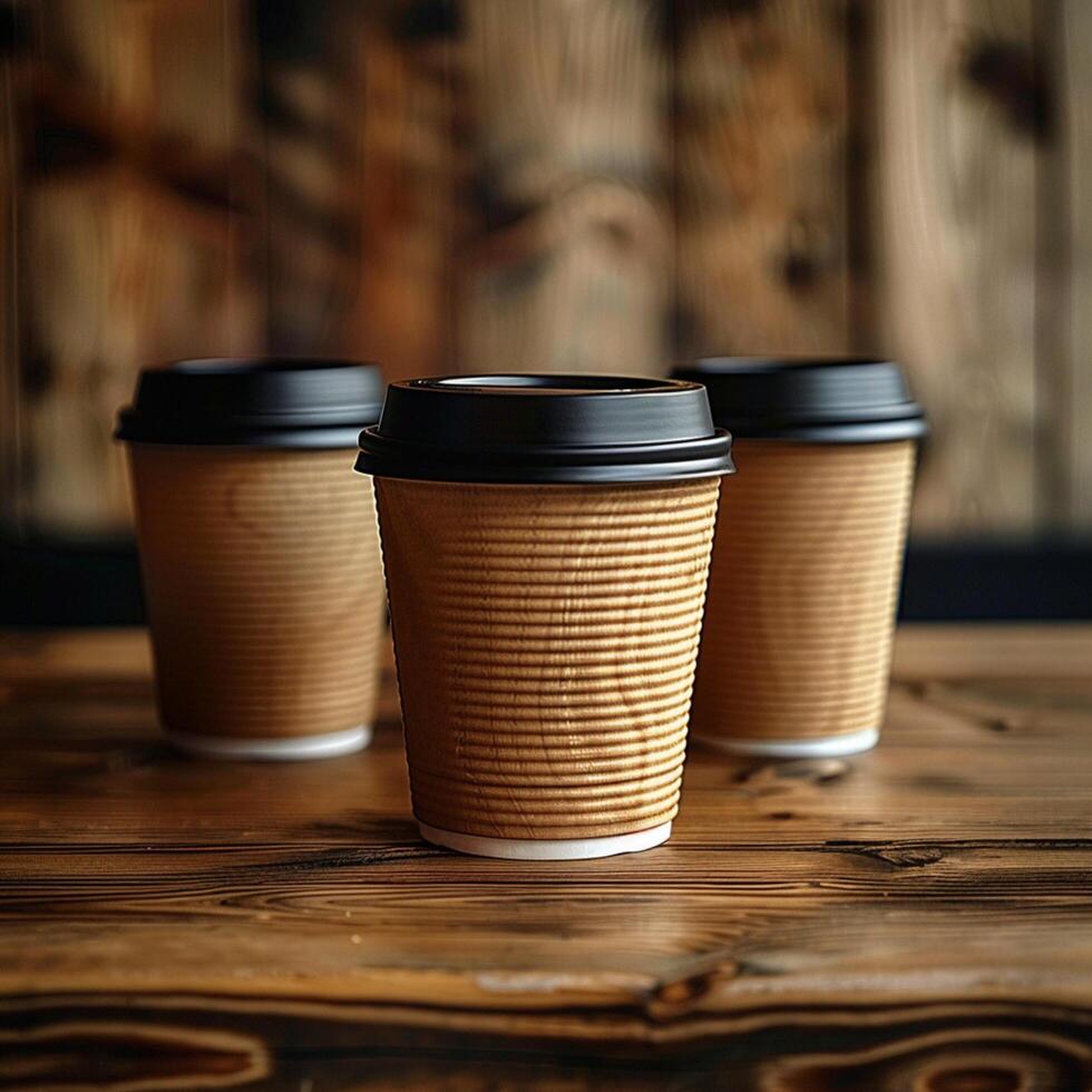 AI generated Coffee culture Wooden table with reusable cups, perfect for text For Social Media Post Size photo