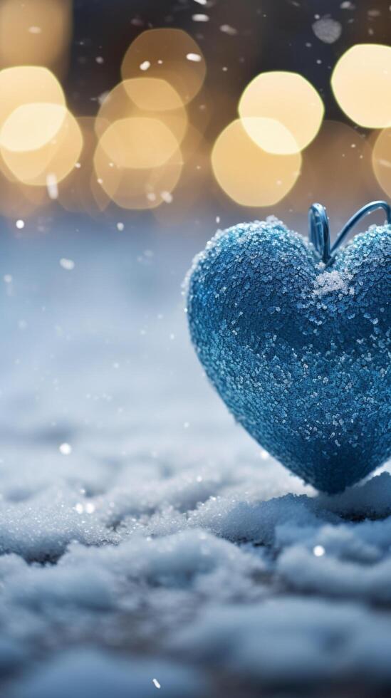 AI generated Winter love symbol Blue heart on snow with bokeh background Vertical Mobile Wallpaper photo