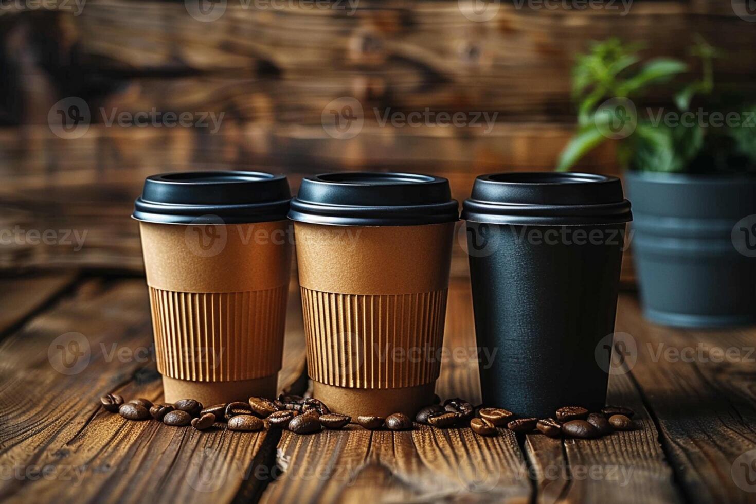 AI generated Sustainable sips Reusable coffee cups on rustic wooden table, text ready photo