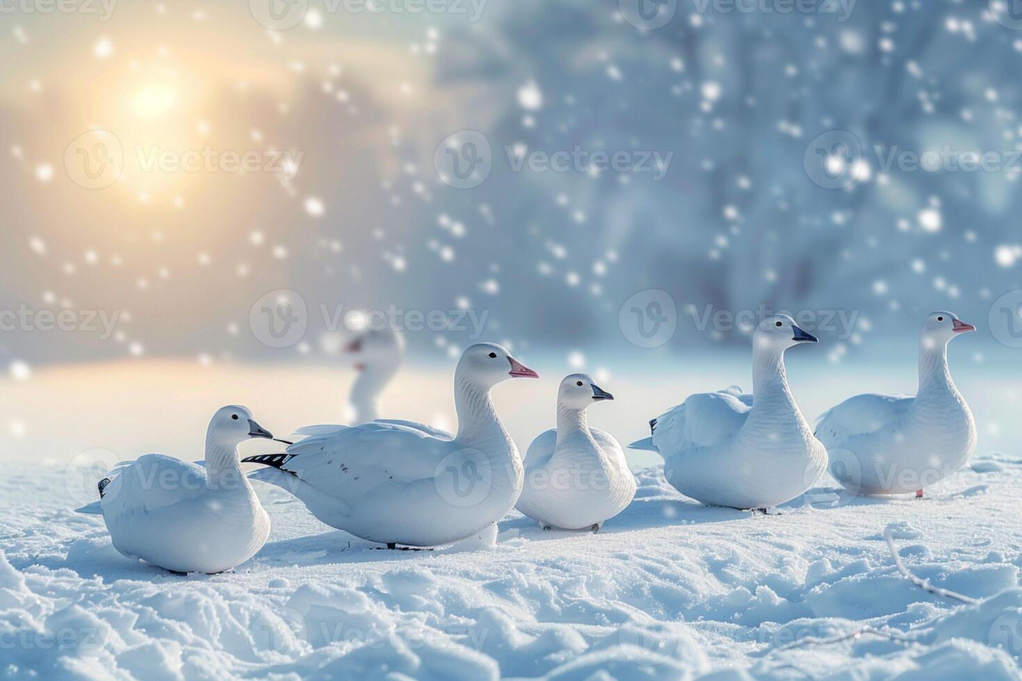 AI generated Winter harmony Snow geese on snowy background with empty space photo