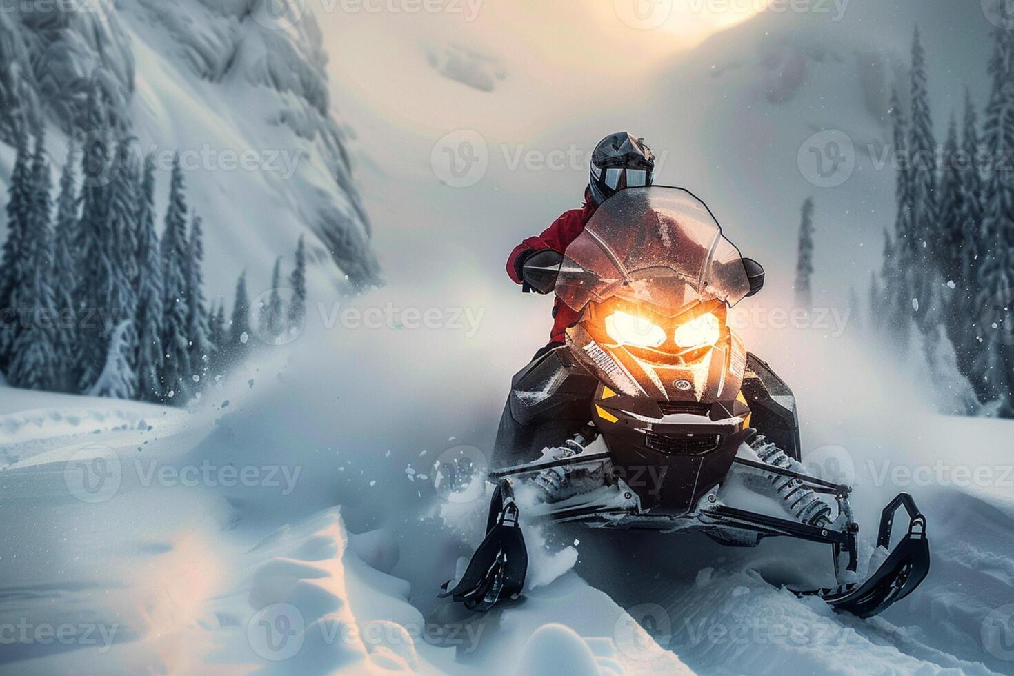 AI generated Urgent operation Snowmobile maneuvers swiftly for alpine rescue mission photo