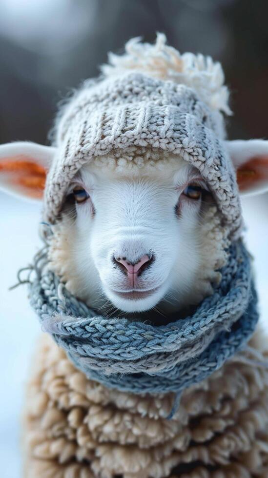 AI generated Adorable winter scene Sheep wearing scarf and beanie adds charm Vertical Mobile Wallpaper photo