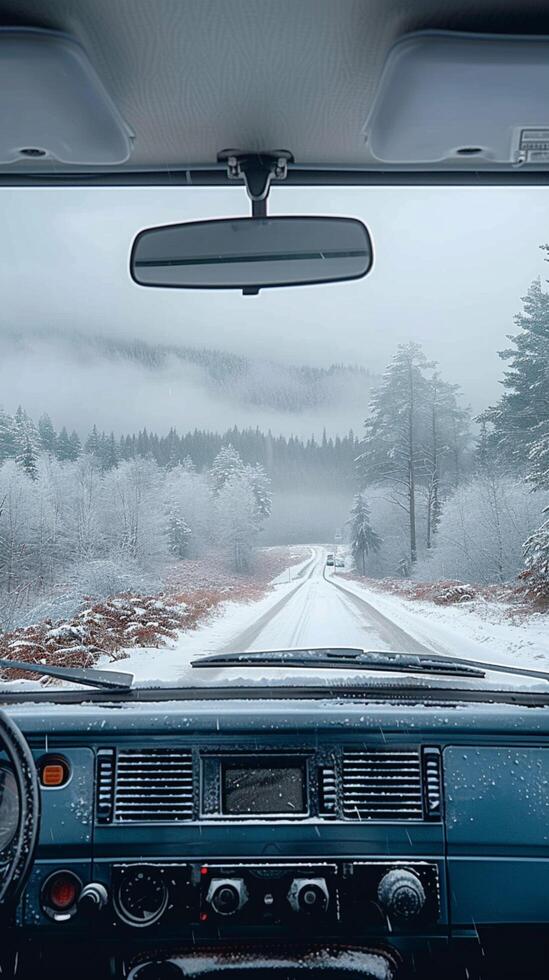 AI generated Winter ambiance Misty background with van view, perfect for text Vertical Mobile Wallpaper photo