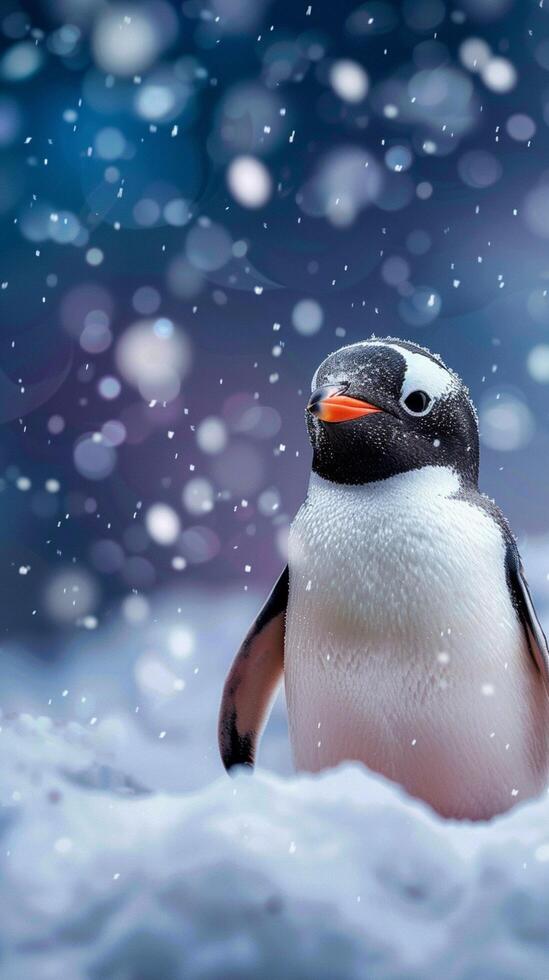 AI generated Winter cuteness Penguin on snowy terrain with room for text Vertical Mobile Wallpaper photo
