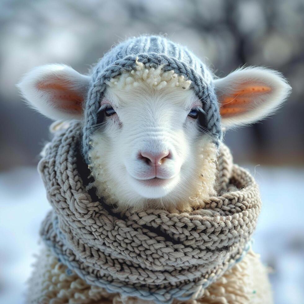 AI generated Humorous winter touch Cute sheep dons knitted scarf and beanie For Social Media Post Size photo