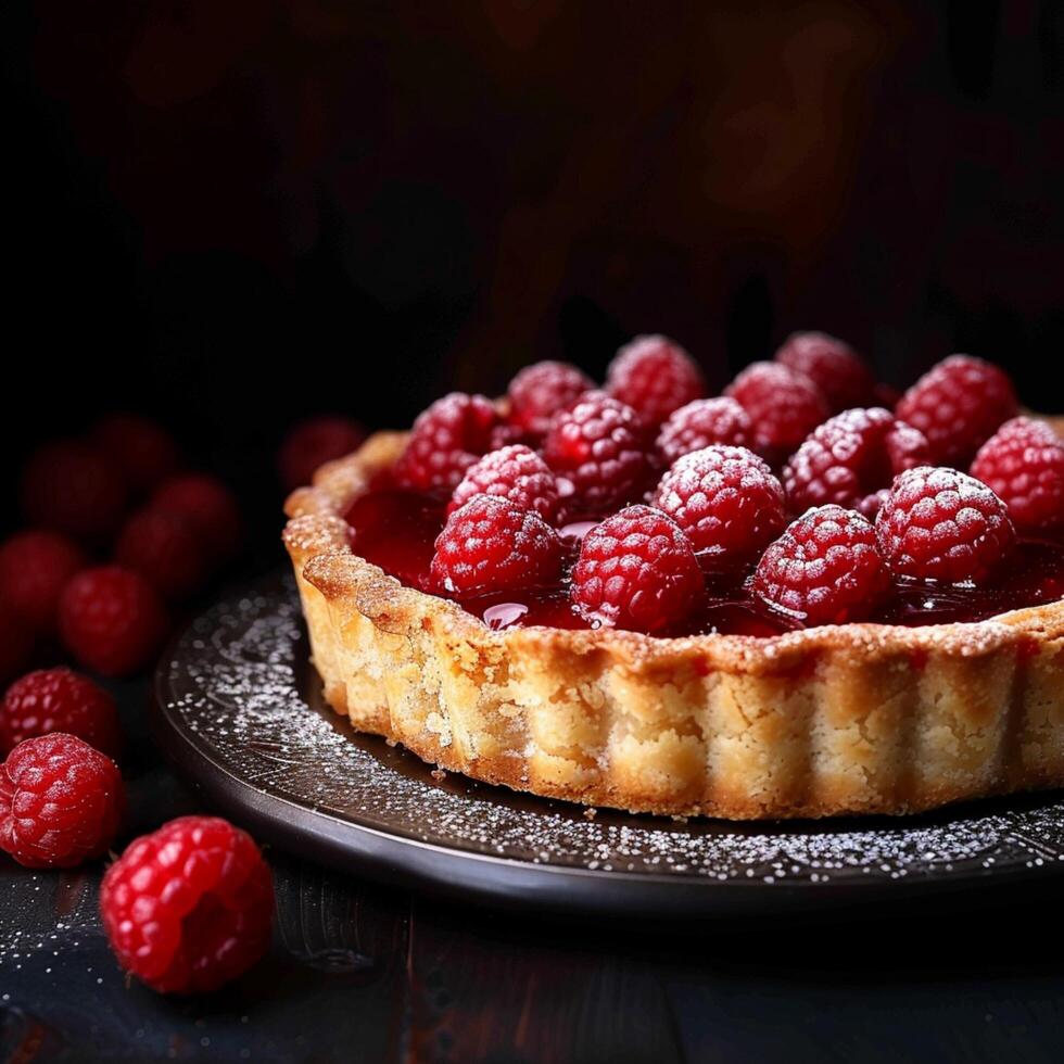 AI generated Sweet temptation Bakewell Tart on dark background with text space For Social Media Post Size photo