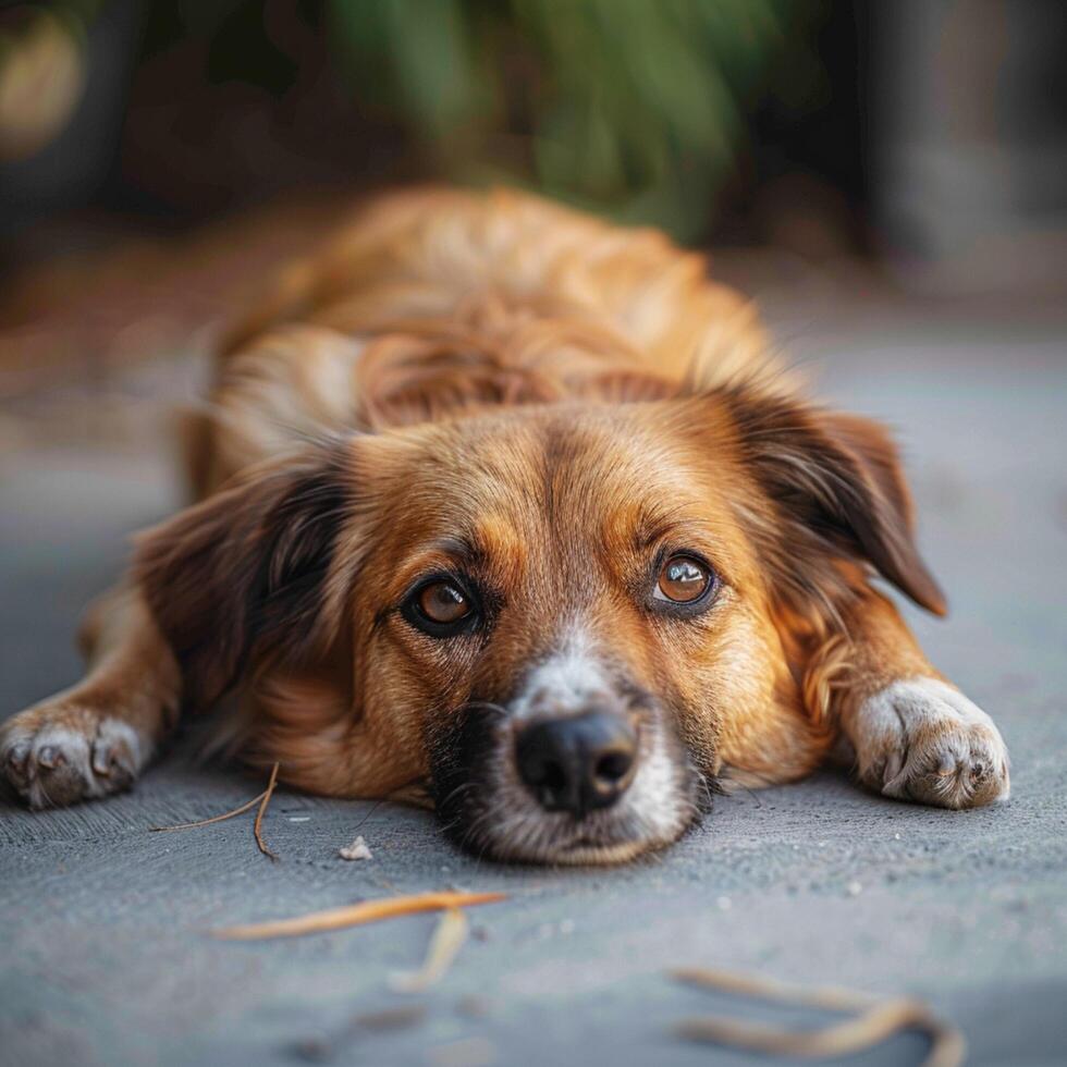 AI generated Comfortable dog rests on the concrete floor, a picture of tranquility For Social Media Post Size photo