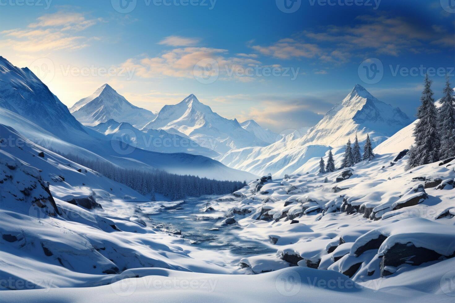 AI generated Majestic winter mountains adorned in snow create breathtaking scenic beauty photo