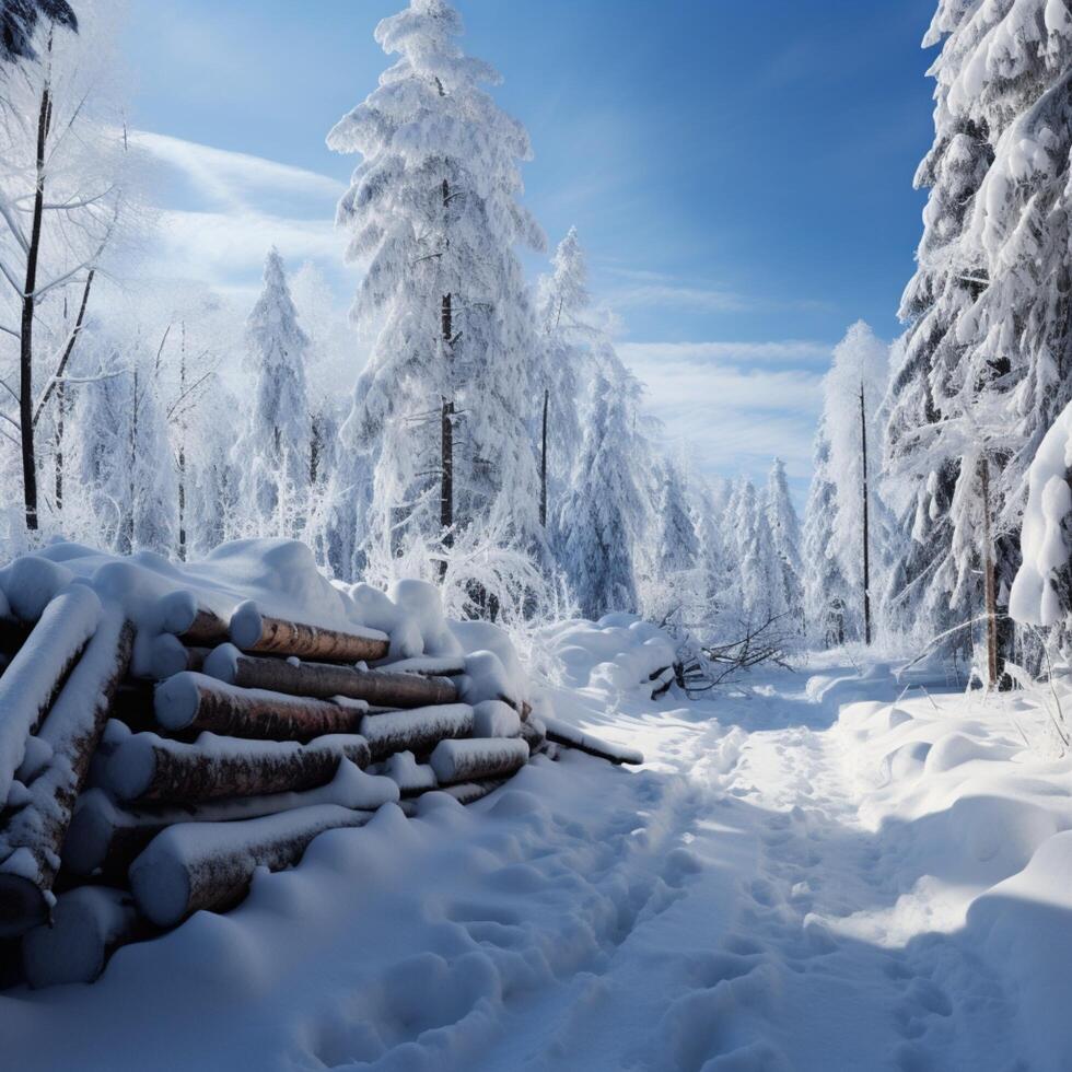AI generated Snowy forest scene Logs and trees covered in snow For Social Media Post Size photo