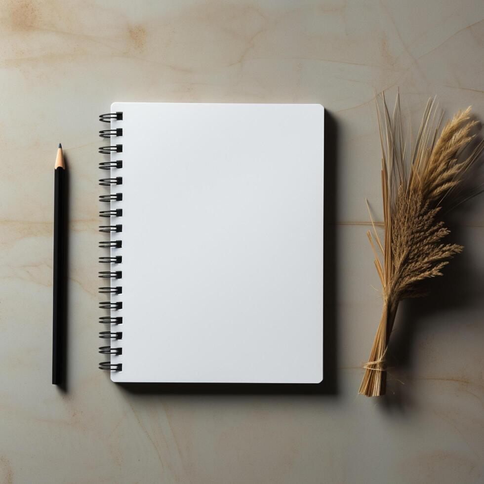 AI generated Modern workspace White notebook placed on a textured gray surface For Social Media Post Size photo