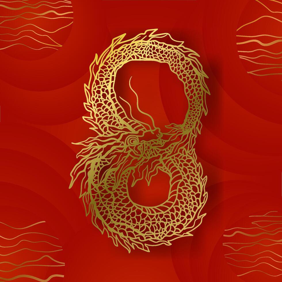 Gold dragon  number 8 on red background. Vector illustration design