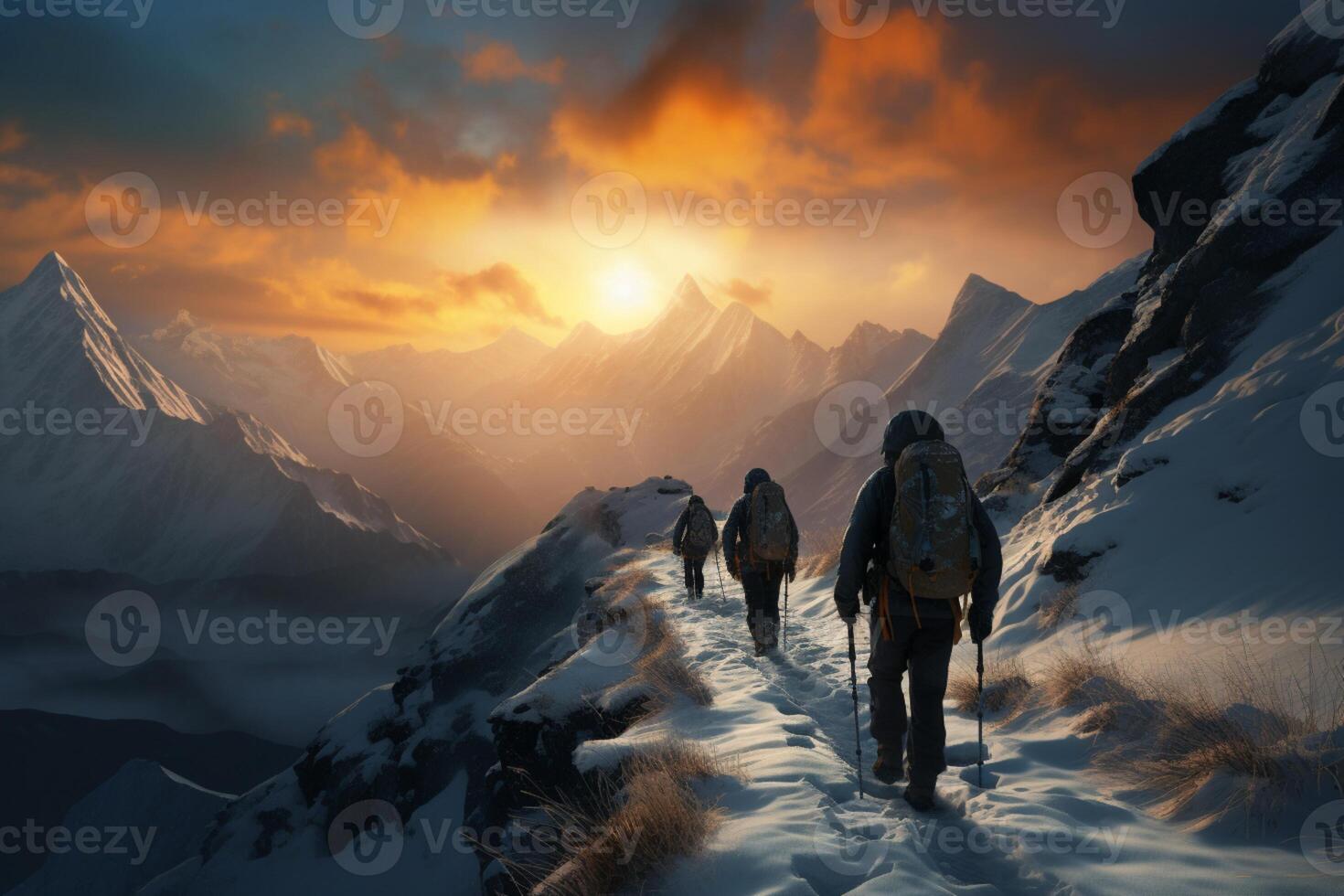 AI generated Snowy trek Hikers with backpacks traverse snowy mountains at sunset photo