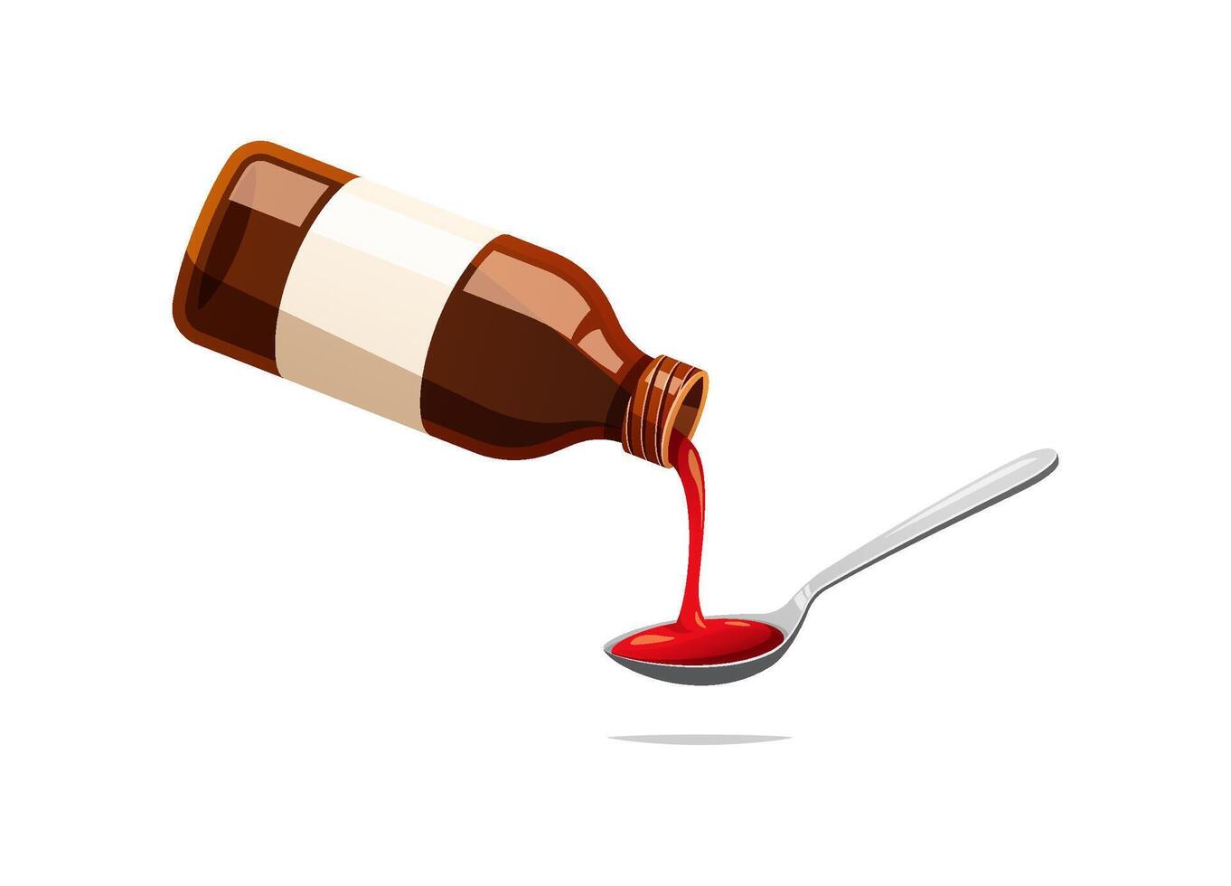 Bottle pouring medicine syrup in spoon vector isolated on white background.