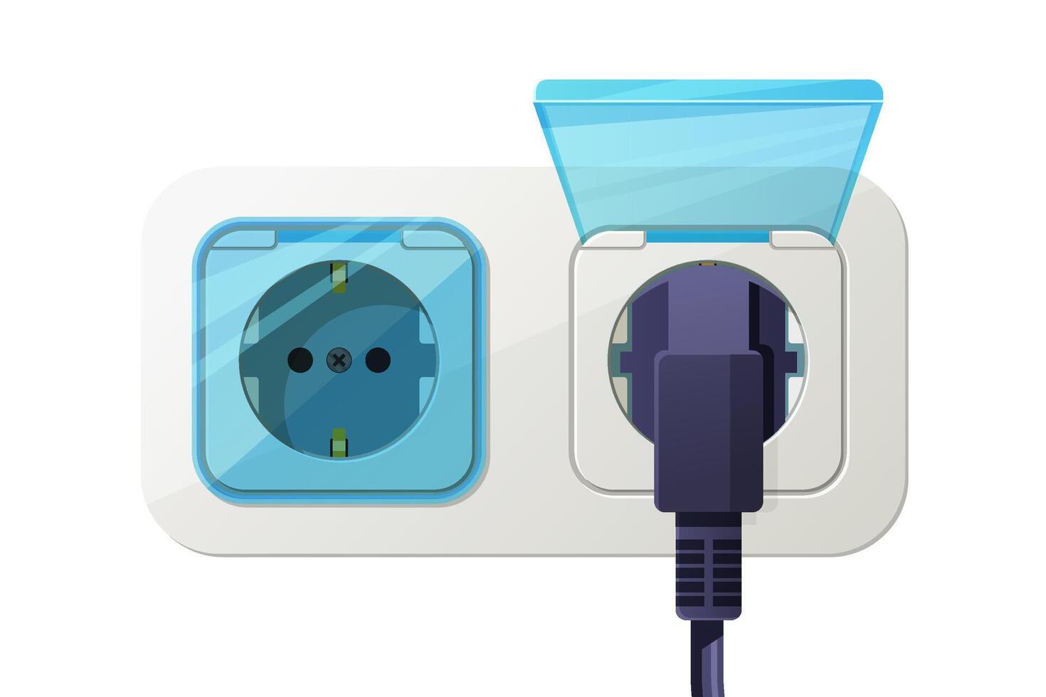 The plug plugs into a wall socket with a cover for child protection. vector