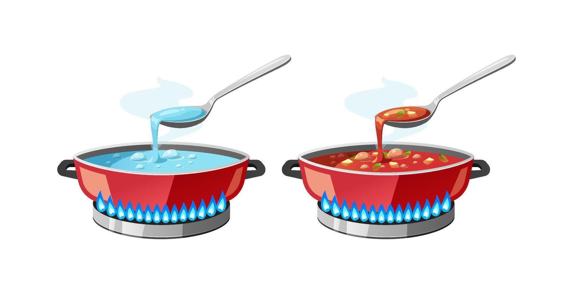 Cooking pot with soup on the stove vector isolated on white background.