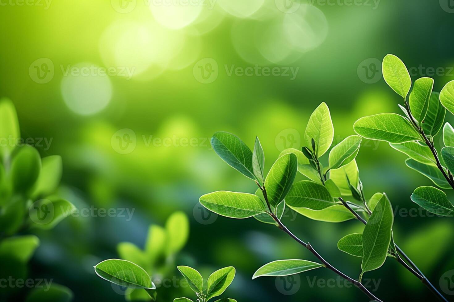 AI generated Natures serenity Fresh green leaves with bokeh on blurred background photo