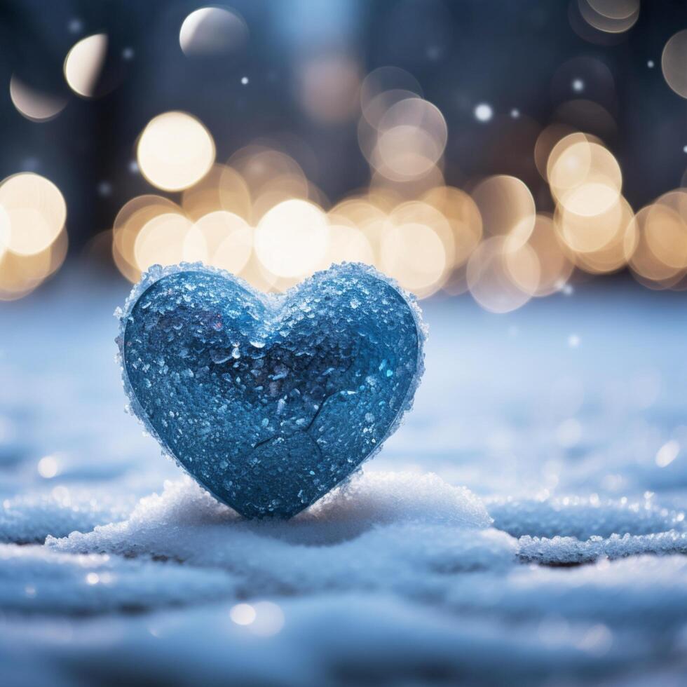 AI generated Winter love symbol Blue heart on snow with bokeh background For Social Media Post Size photo