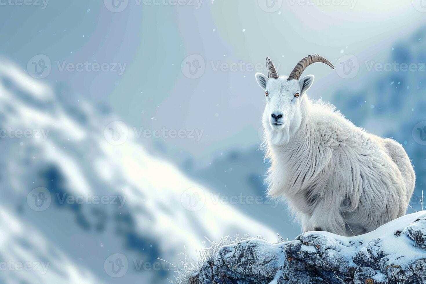 AI generated Majestic presence Mountain goat in the snow, space for text photo