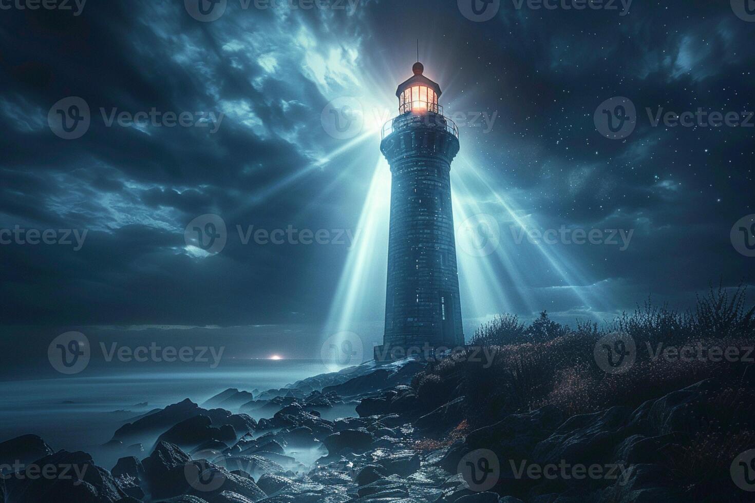 AI generated Enchanting night Mystical light beams from an ancient haunted lighthouse photo