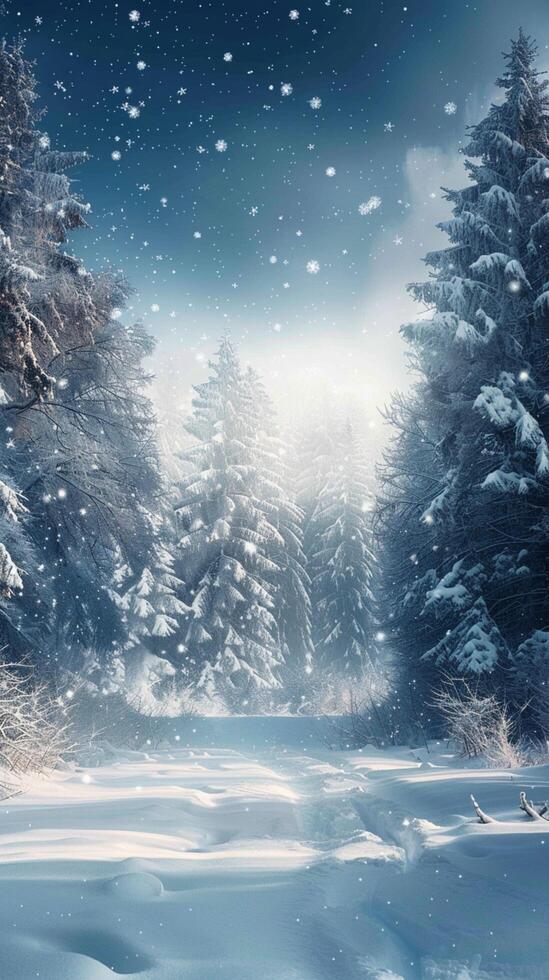 ai generado tranquilo invierno escena nevada terminado un alpino bosque con texto espacio vertical móvil fondo de pantalla foto