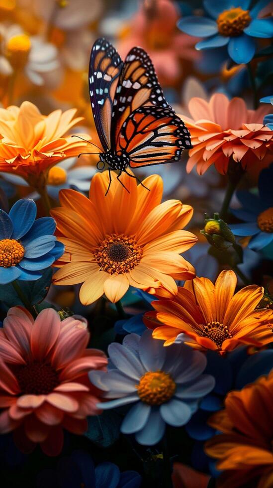 AI generated Natures beauty captured Butterflies dancing amid vibrant, blooming flowers Vertical Mobile Wallpaper photo