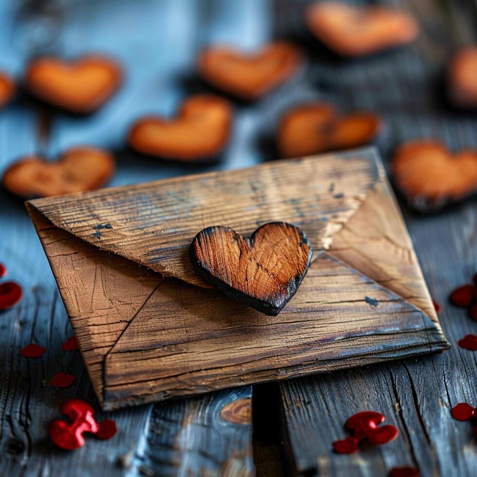 AI generated Romantic rusticity Wooden hearts surround a rustic Valentine envelope For Social Media Post Size photo