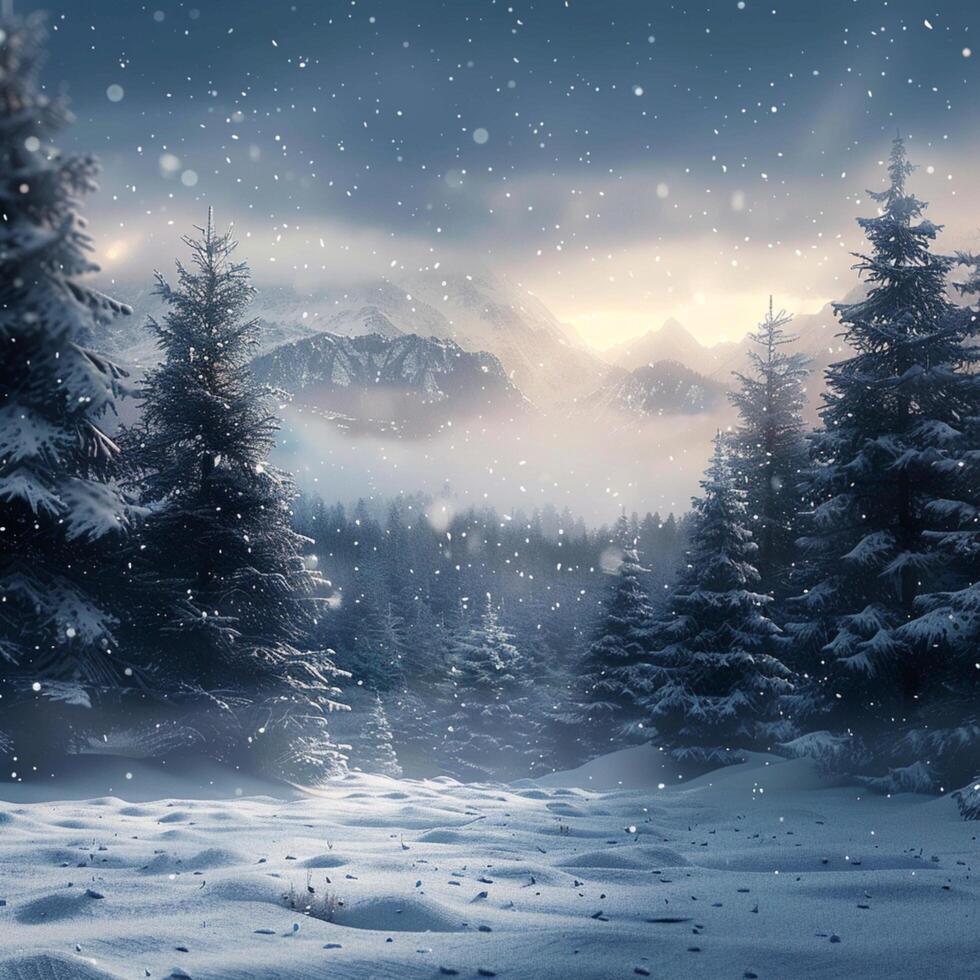 AI generated Winter wonderland Snowfall transforms an alpine forest, text ready backdrop For Social Media Post Size photo