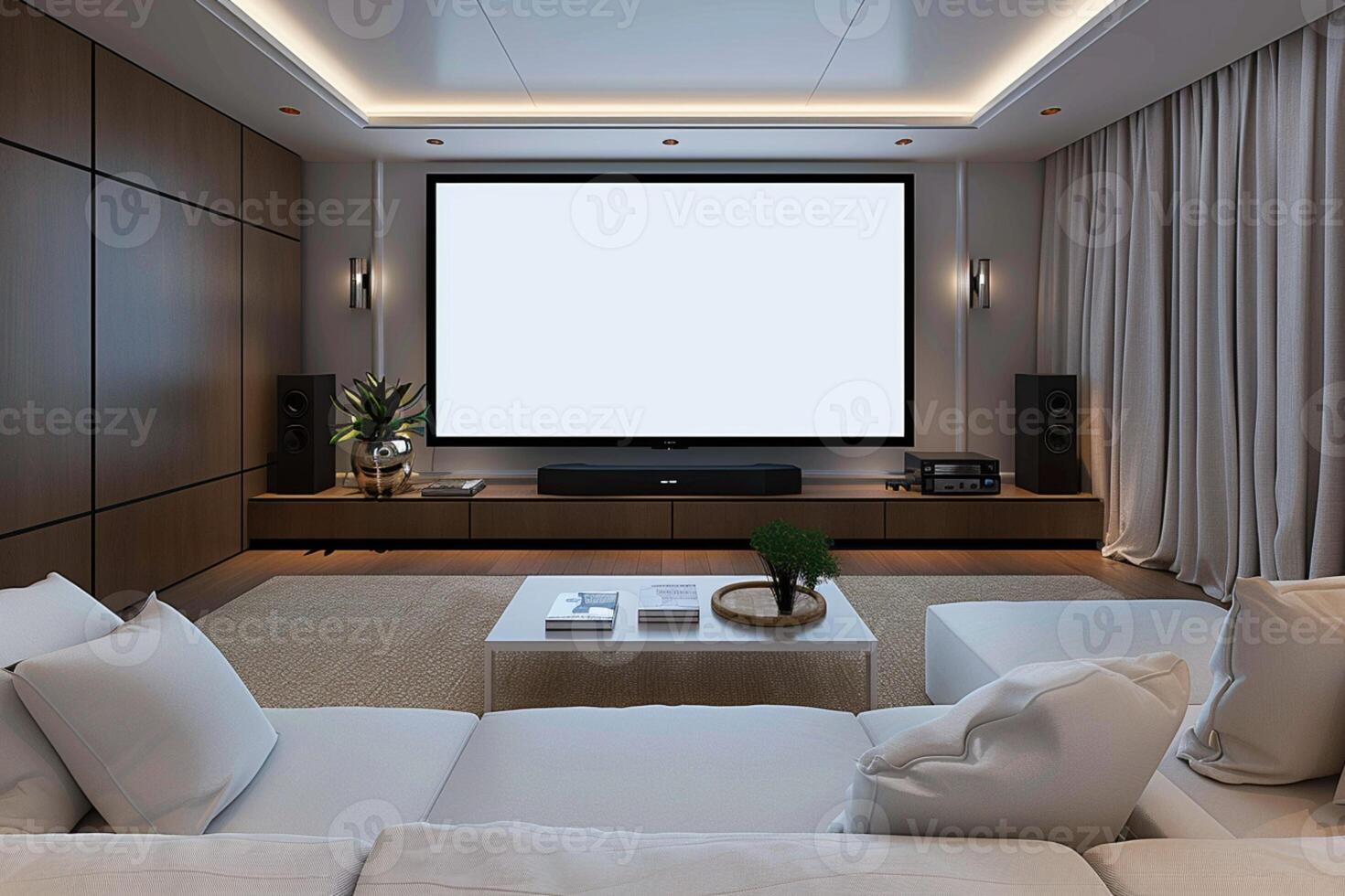AI generated White sofa, table, and big screen TV in Mini Home Theater photo