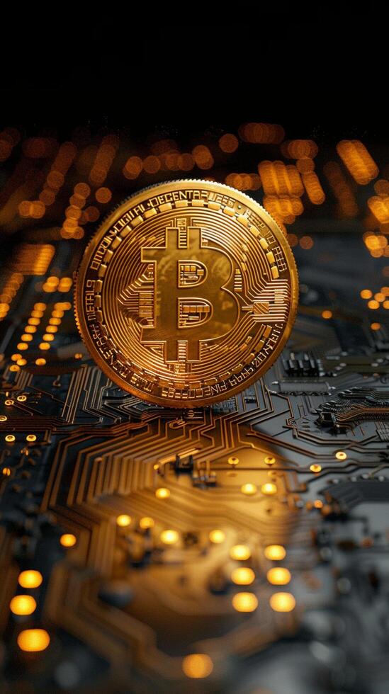 AI generated Digital currency symbol Bitcoin on electronic circuit, 3D rendering business concept Vertical Mobile Wallpaper photo