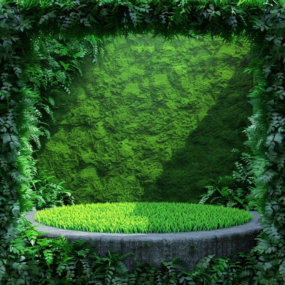 AI generated Vivid 3D grassy podium bordered by lush greenery, scenic perfection For Social Media Post Size photo