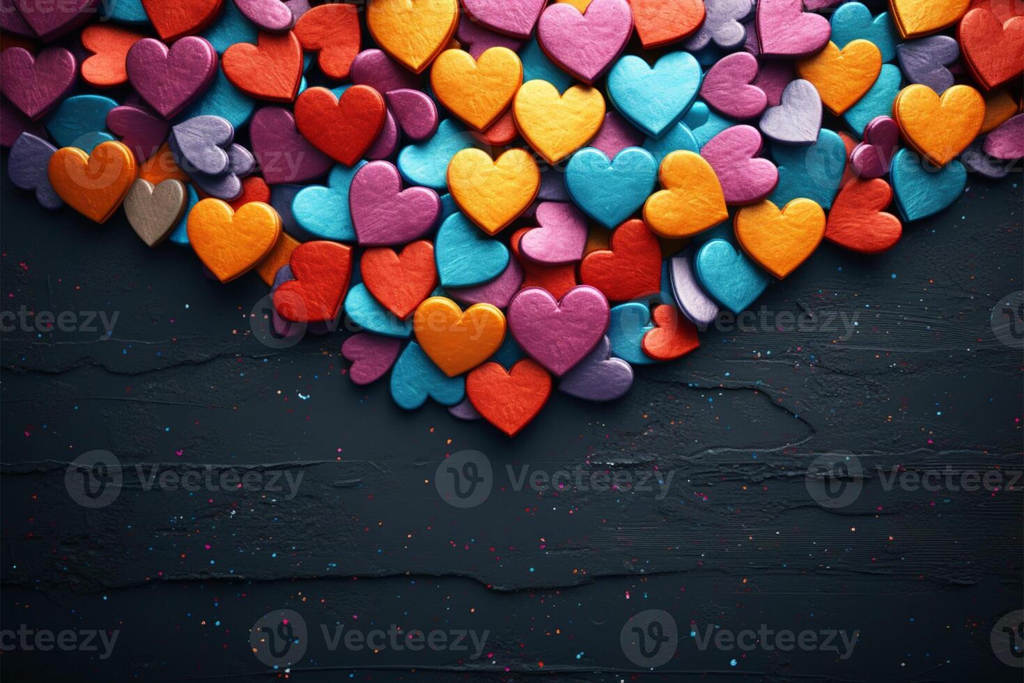 AI generated Valentines mosaic Colorful heart shaped objects on textured dark surface background photo