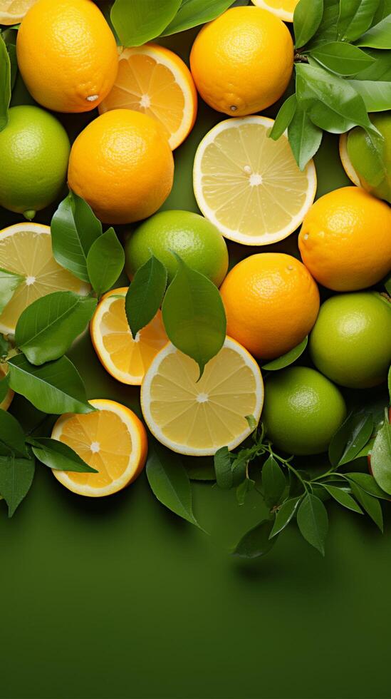 AI generated Fruity delight Citrus assortment with green leaves on green background Vertical Mobile Wallpaper photo