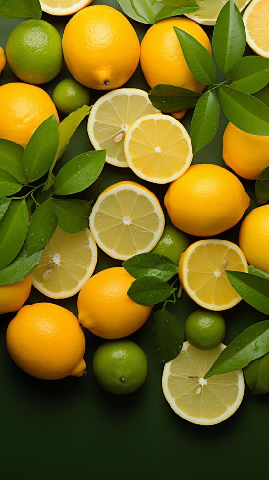 ai generado agrios frescura limones y naranjas con hojas en verde fondo vertical móvil fondo de pantalla foto