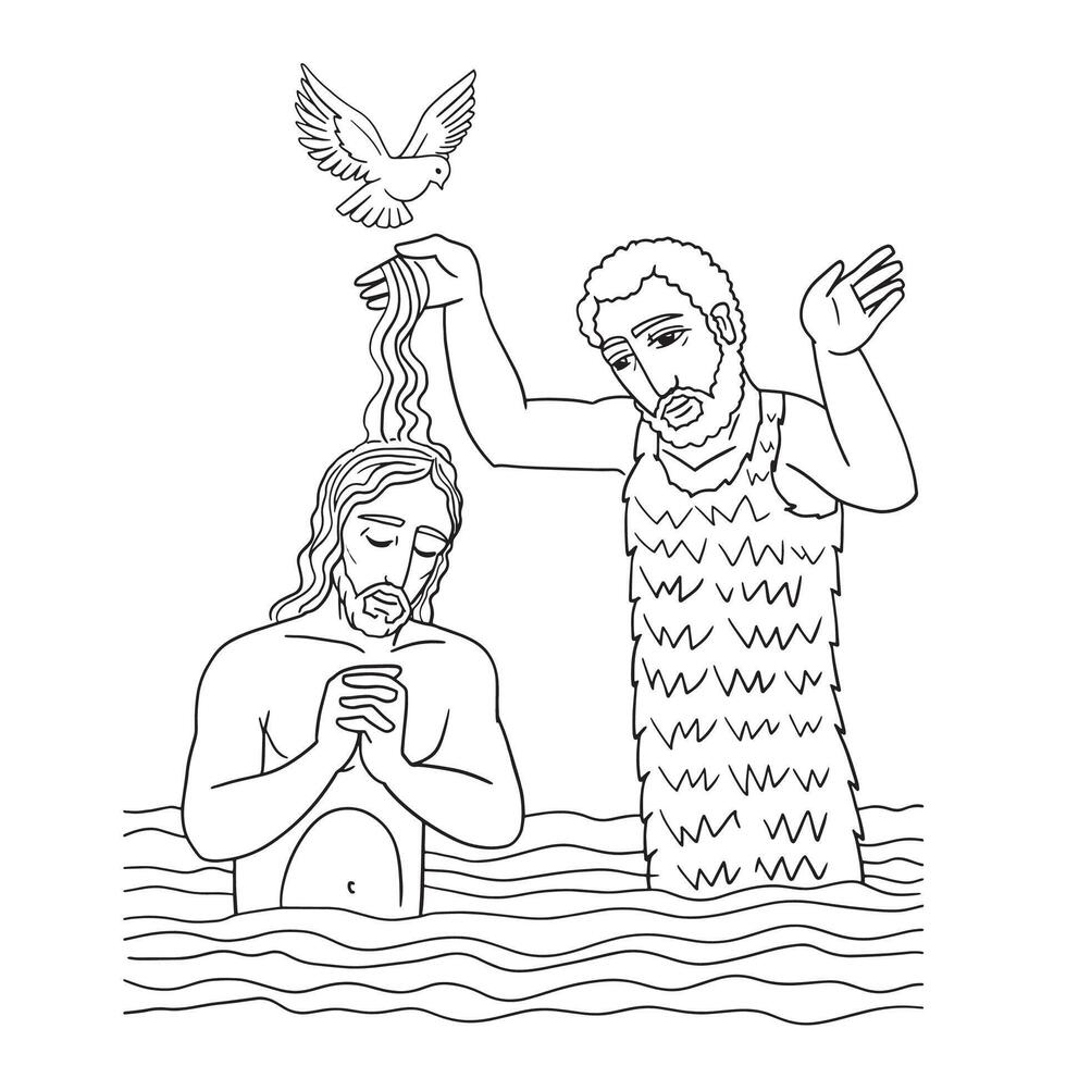 Baptism blessing of Jesus Christ son of God messiah prophet in Jordan river water by John Baptist descending Holy Spirit. vector