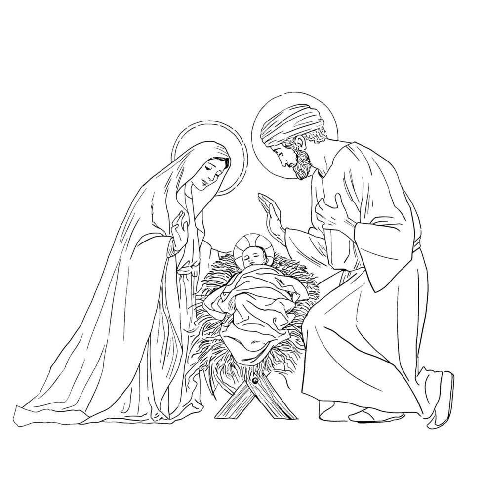 Christmas scene. Nativity. Holy family, Joseph, Mary and newborn Jesus drawing vector