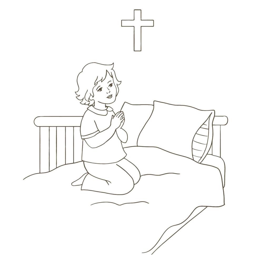 Girl prays to God holding candle in his hand. Children Believer. vector