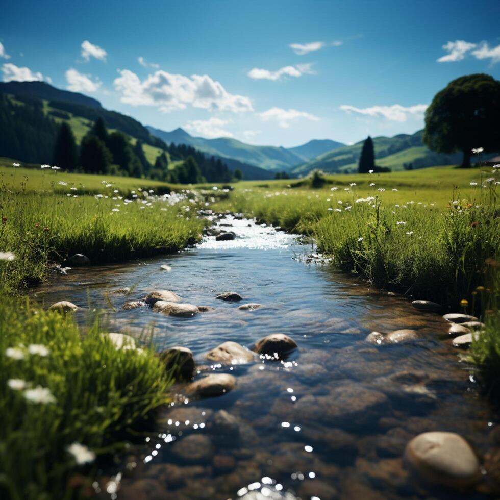 AI generated Natures beauty Clear stream flows through a meadow with wildflowers For Social Media Post Size photo