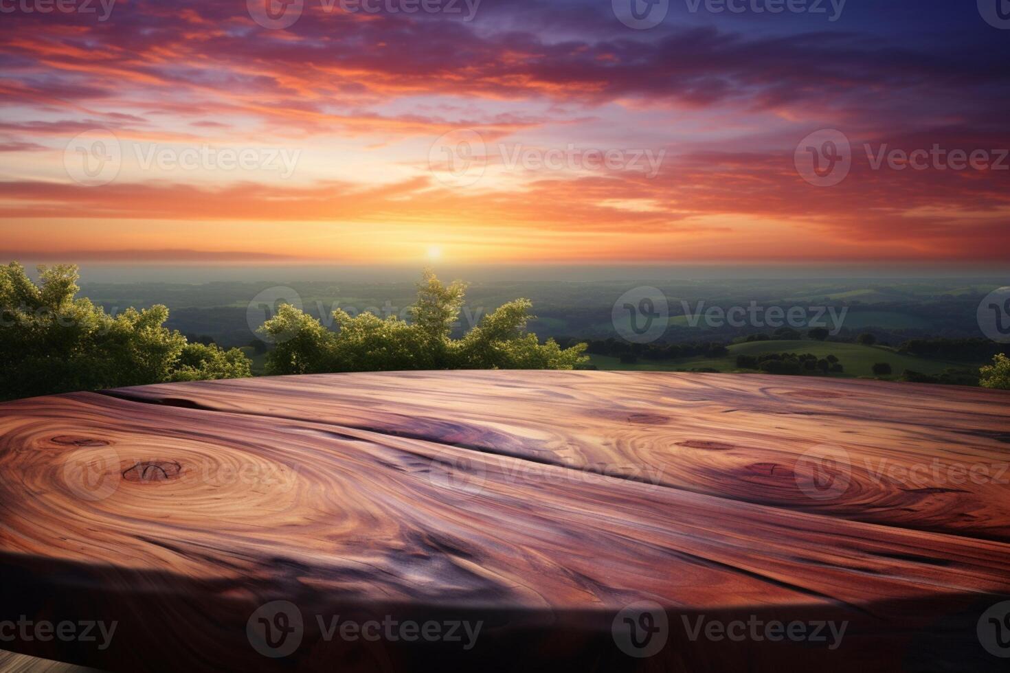 AI generated Natures canvas Wooden table ready for product display at sunset photo