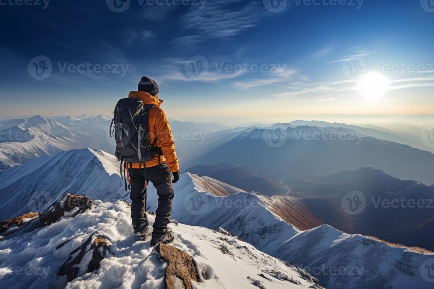 AI generated Summit victory Hiker achieves the peak of a snow covered mountain photo