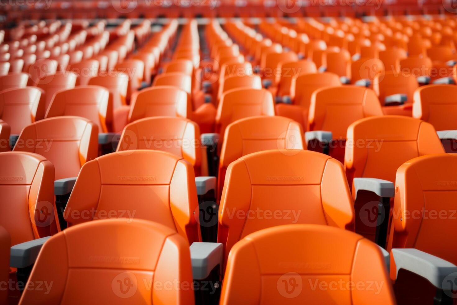 AI generated Soccer anticipation Empty orange seats await fans at stadium rows photo