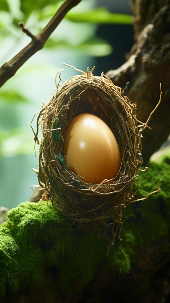 AI generated Branch bound treasure A lone egg nestled in a natural haven Vertical Mobile Wallpaper photo