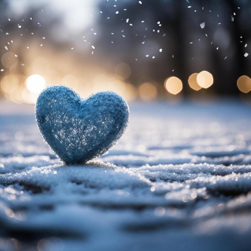 AI generated Snowy romance Heart shape on snow with dreamy bokeh background For Social Media Post Size photo