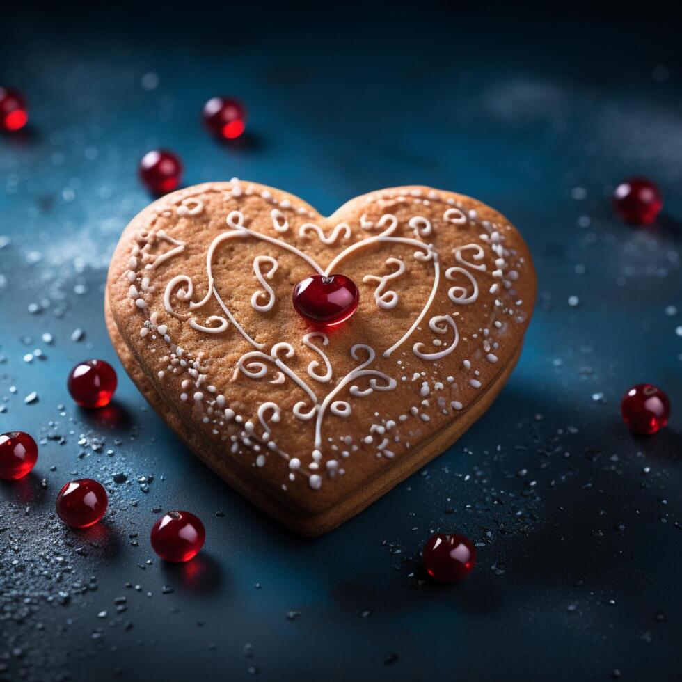 AI generated Cookie love Heart shaped treat with icing on a dark blue background For Social Media Post Size photo