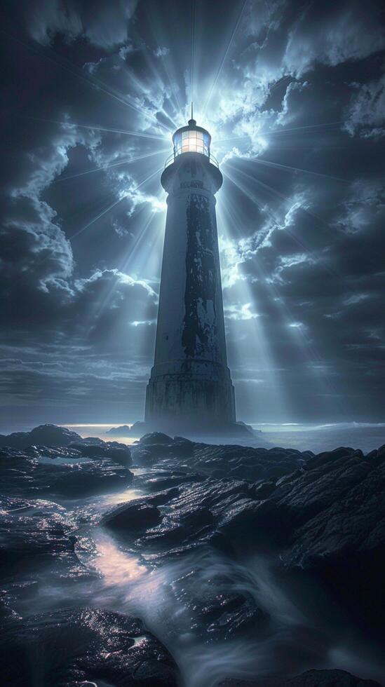 AI generated Midnight mystery Haunted lighthouse bathed in mystical light beams Vertical Mobile Wallpaper photo