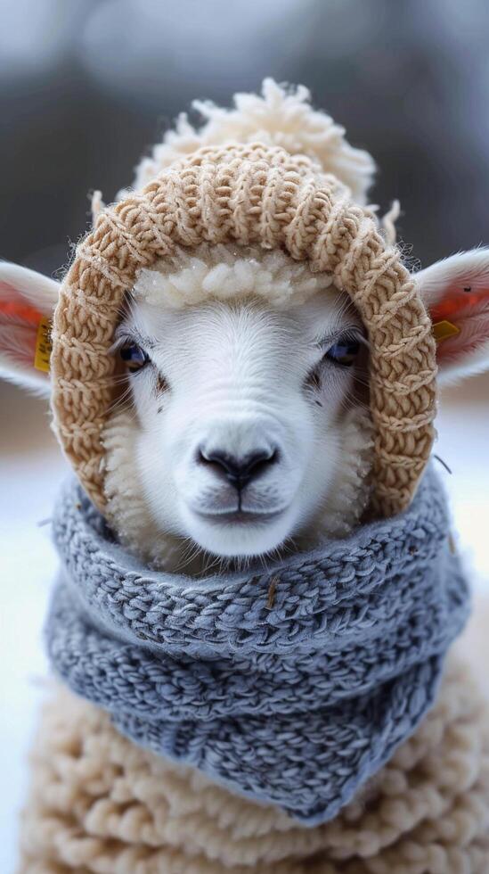 AI generated Winter whimsy Cute sheep in knitted scarf and beanie brings humor Vertical Mobile Wallpaper photo