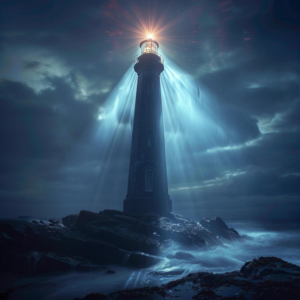 AI generated Midnight mystery Haunted lighthouse bathed in mystical light beams For Social Media Post Size photo