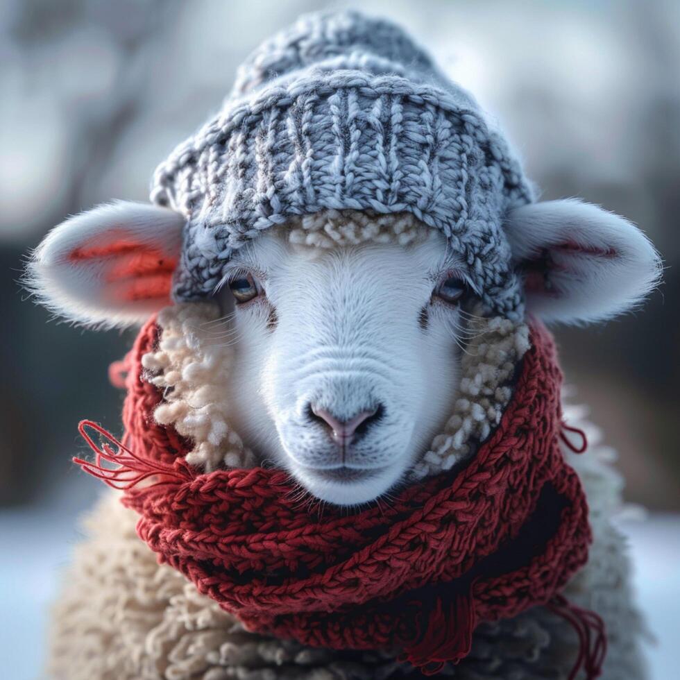 AI generated Adorable winter scene Sheep wearing scarf and beanie adds charm For Social Media Post Size photo