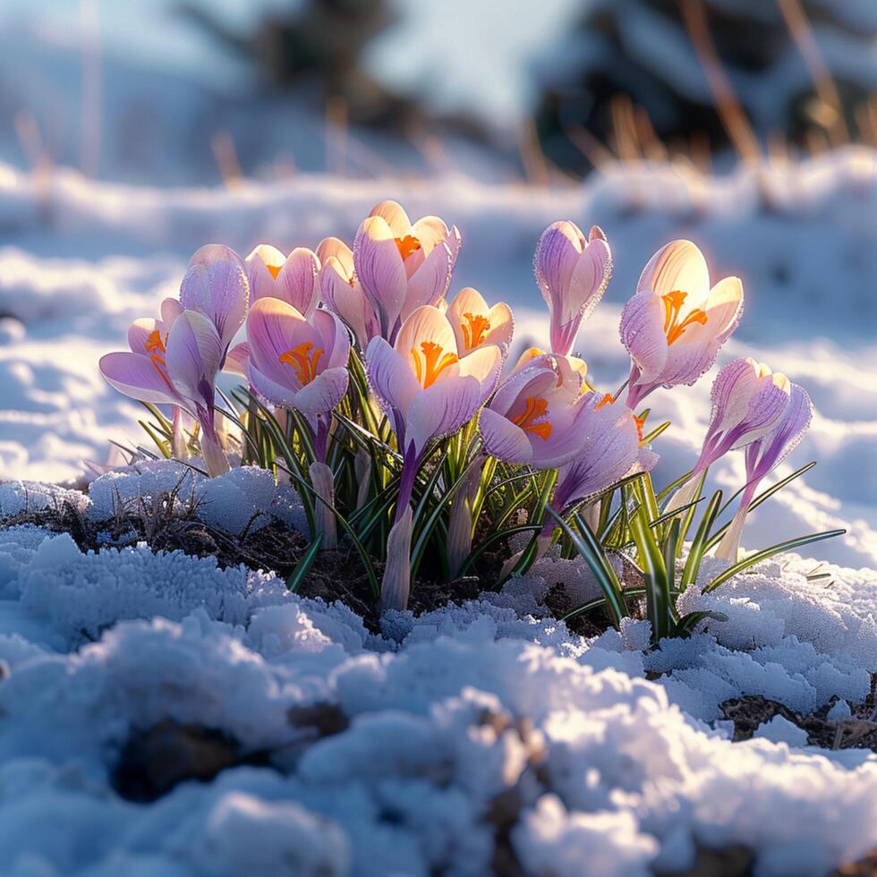 AI generated Floral rebirth Crocuses pierce through the winter landscape, signaling spring For Social Media Post Size photo