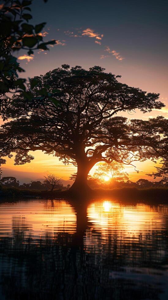 AI generated Trees by water at sunrise, large tree against rising sky Vertical Mobile Wallpaper photo